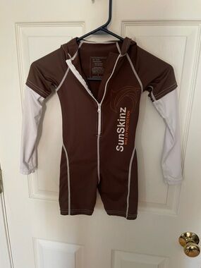 Brown & White SunSkinz Kids UV Swim Suit - Hooded Zip One-Piece 4t